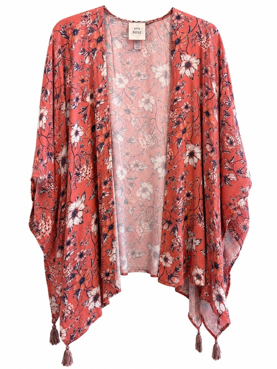 Knox Rose Sweaters - Knox Rose Floral Tassel Kimono Cardigan Coral Boho XL XXL Duster Wrap